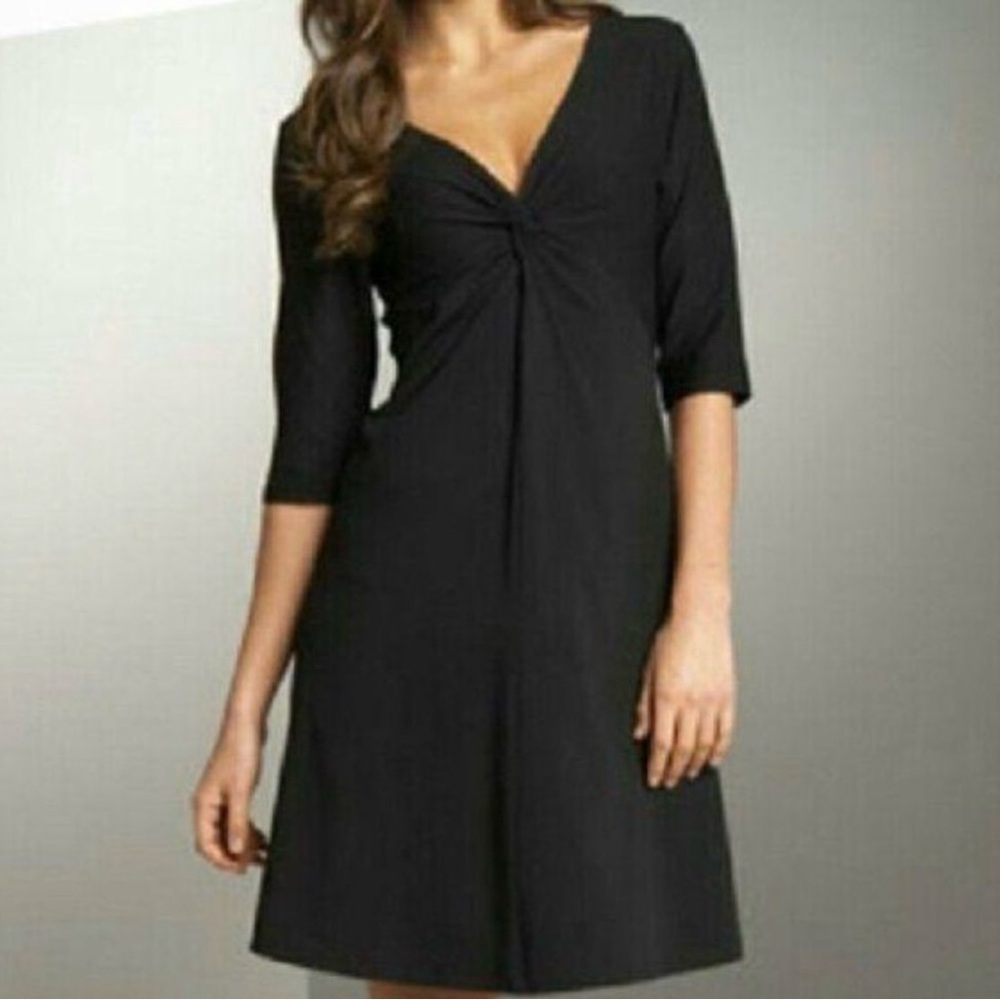 Eileen Fisher Black Twist Front 3/4 Sleeve Knee Length A Line Knit Dress L